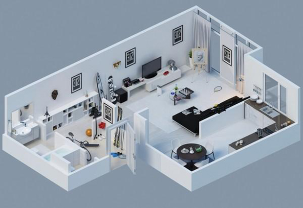 5 gợi ý thiết kế căn hộ 1 phòng chi tiết bằng bản vẽ 3D